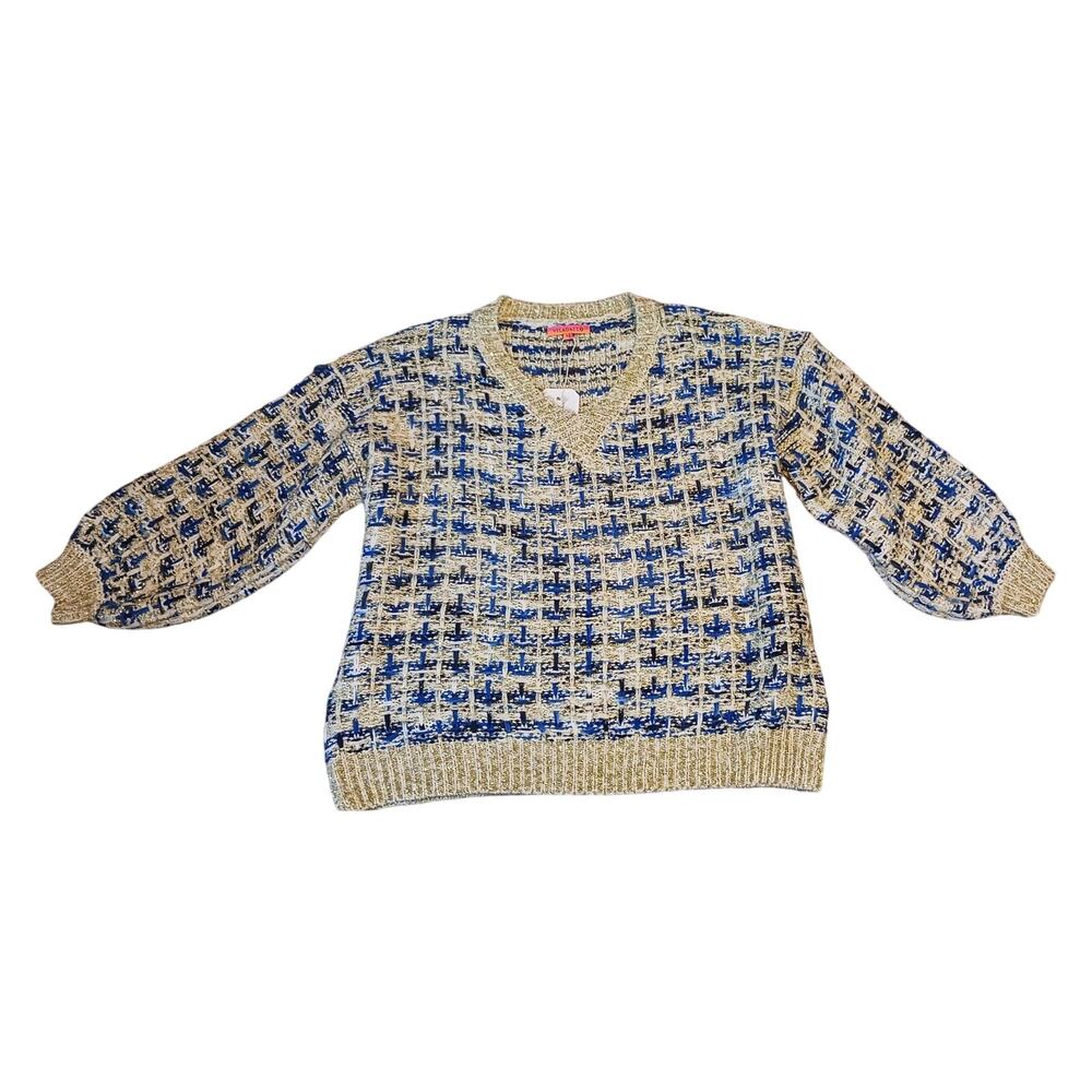 Villagallo Women's Linda Sparkle Knit Pullover Sweater XL Cream, Blue, Gold NWT